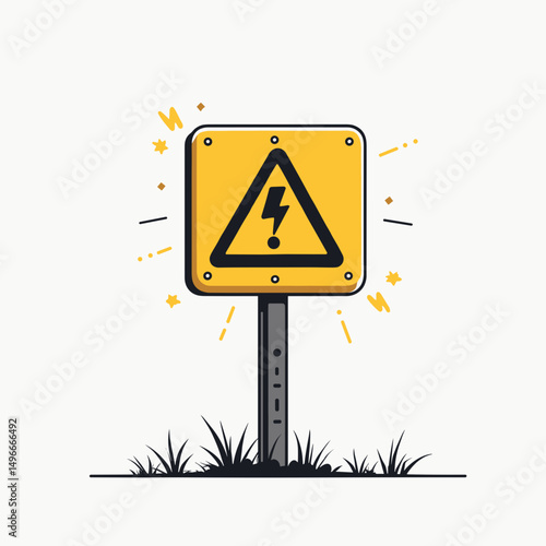 High Voltage Danger Sign Illustration on a Post, Electricity Hazard Warning, Safety Symbol for Electrical Equipment