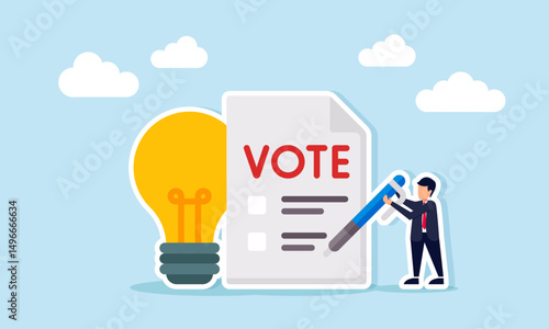 Businessman carrying pen next to voting paper and lamp illustration of vote to decide the right idea to apply