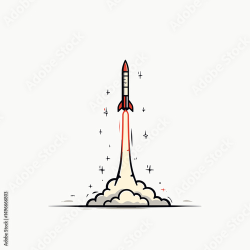 Cartoon Rocket Launch Illustration with Smoke Trail on White Background for Startup Concept