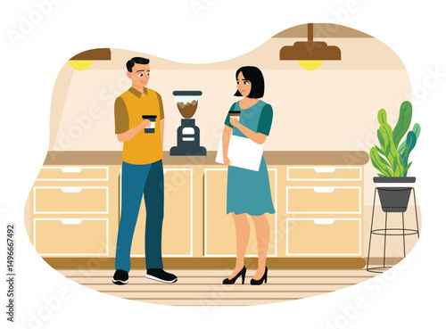 Coworkers enjoy a coffee break in the office kitchen.