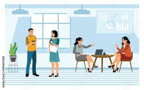 Some office staff take a break and drink coffee in the canteen.