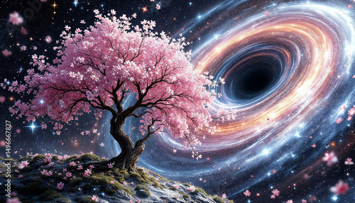 An enormous tree growing in the middle of a crater on the moon, leaves glowing with bioluminescence, surreal life in space