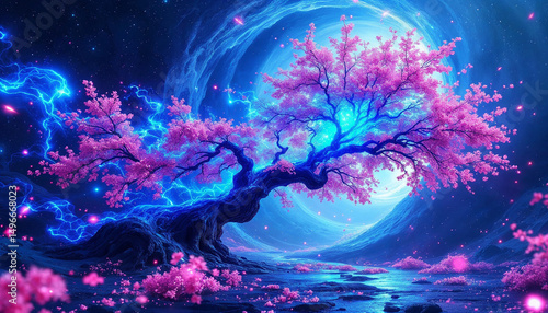 An enormous tree growing in the middle of a crater on the moon, leaves glowing with bioluminescence, surreal life in space