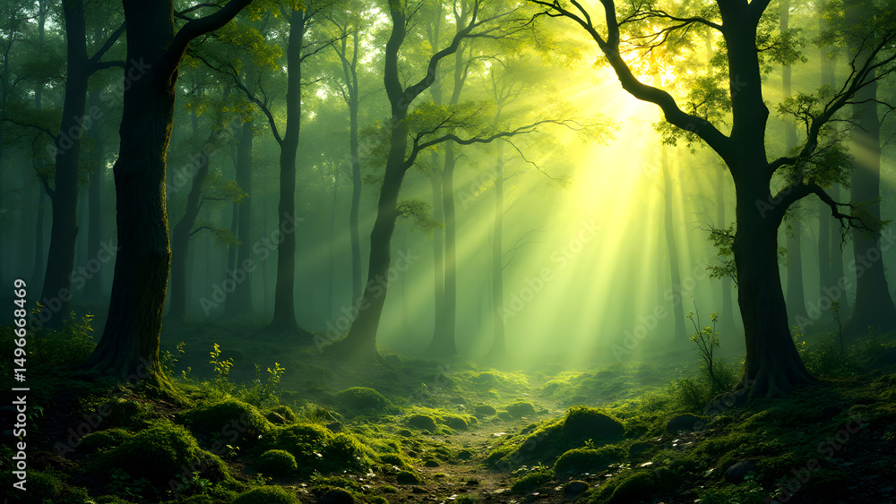 Fototapeta premium Sunlit Forest: Radiant sunbeams pierce through the dense canopy, illuminating the vibrant undergrowth, creating a mystical and ethereal atmosphere.