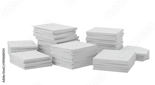 A clean 3D illustration of neatly stacked printer paper packs, set against a crisp white background. Ideal for office, business, and stationery themes.