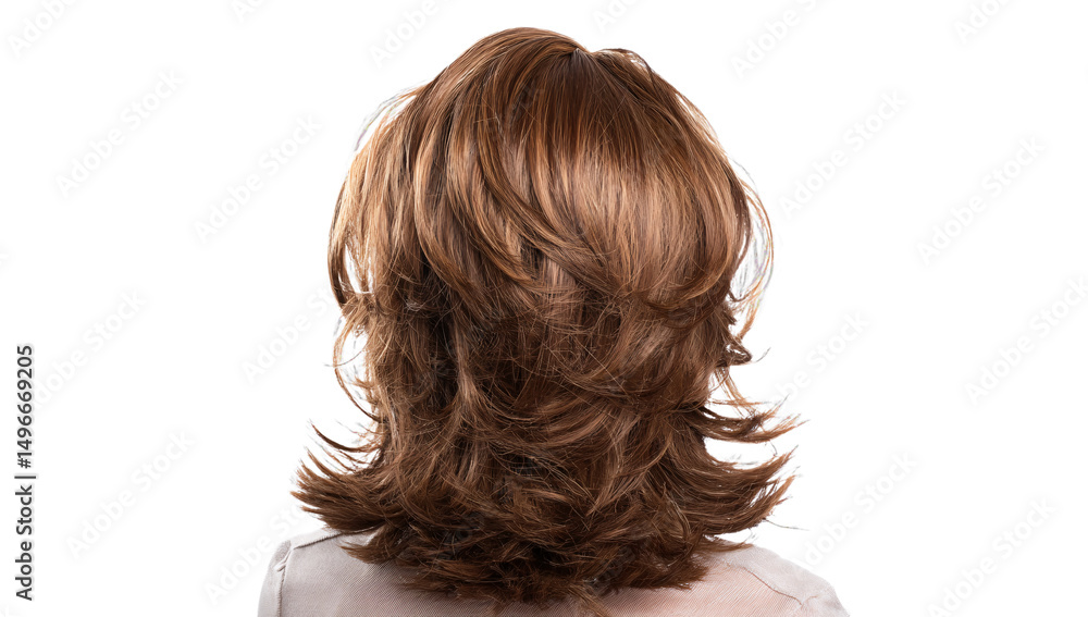 Fototapeta premium Shaggy layered wig in warm brown, perfect for creating unique and stylish looks, transparent background.