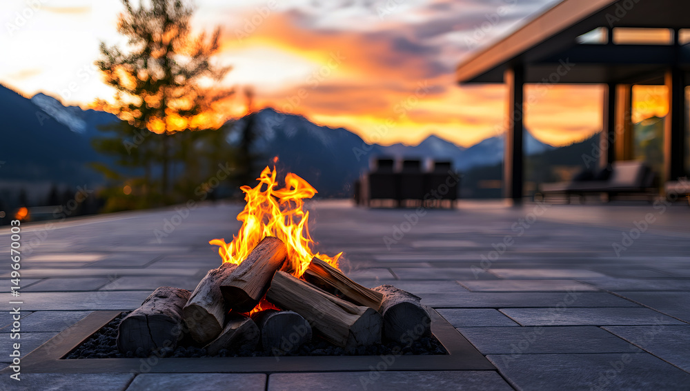 Obraz premium Modern Patio Firepit with Mountain Sunset View
