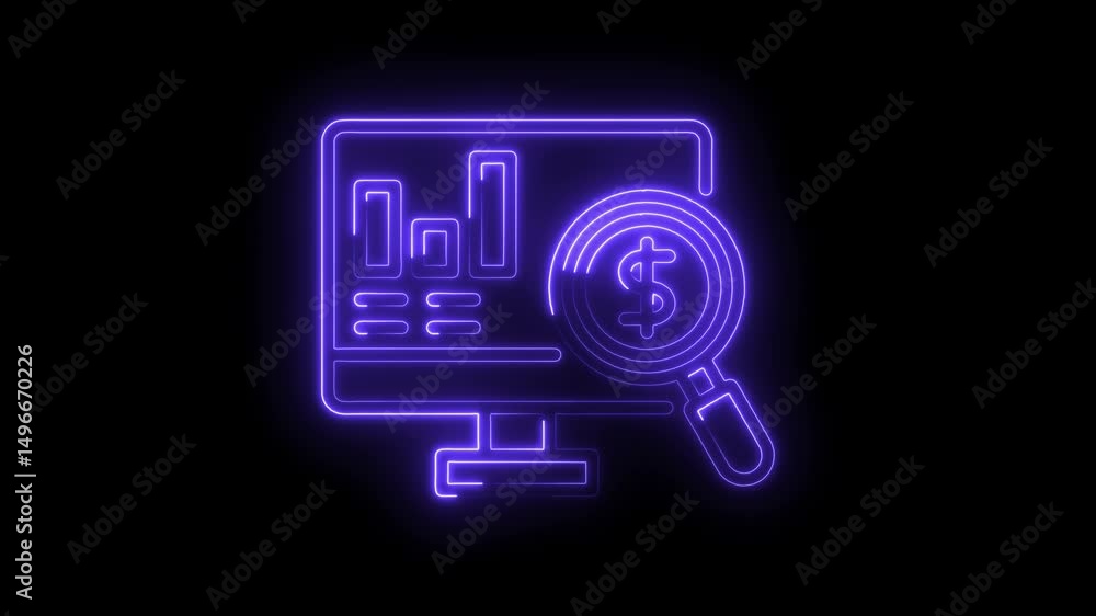 Neon financial analysis animation displaying bar graph and dollar symbol on computer screen Neon financial analysis animation displaying bar graph and dollar symbol on computer screen