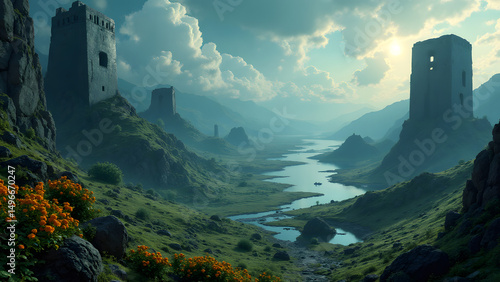 Ancient Fortress: A serene painting unveils a majestic, old fortress nestled amidst rolling green hills and a meandering river under a serene cloudy sky.