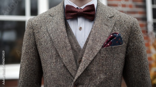 Elegantly dressed man wearing tweed suit with a bow tie and pocket square
