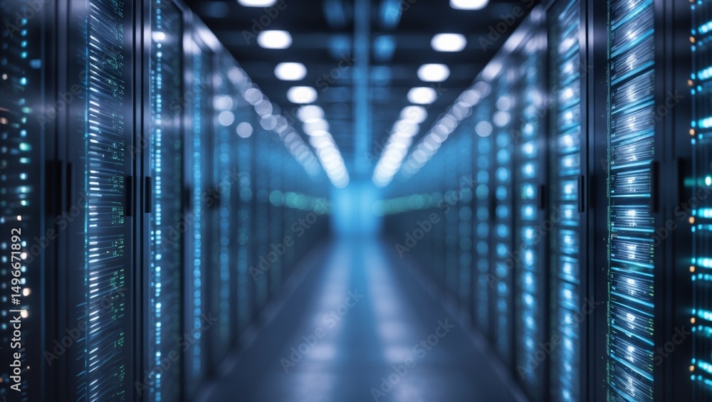 Fototapeta premium A modern data center room with rows of server racks, soft blur effect, infrastructure system.