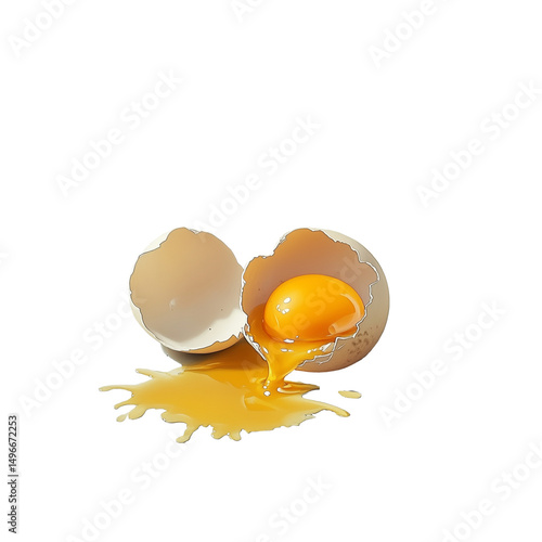 A cracked egg yolk and whites in motion against on transparent background