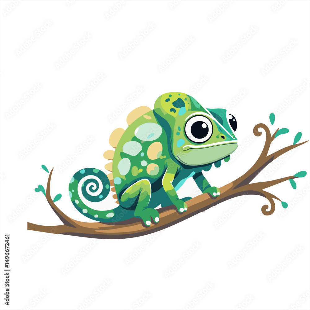 Obraz premium Cute Colorful Chameleon Sitting on Branch – Vector Cartoon Illustration