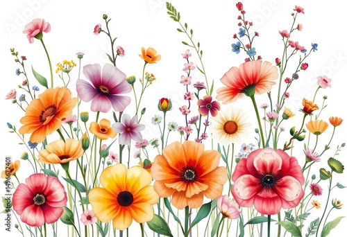 Vintage-style watercolor wildflowers seamless pattern Colorful meadow illustration with abstract flowers and branches on white background, graphic, vibrant