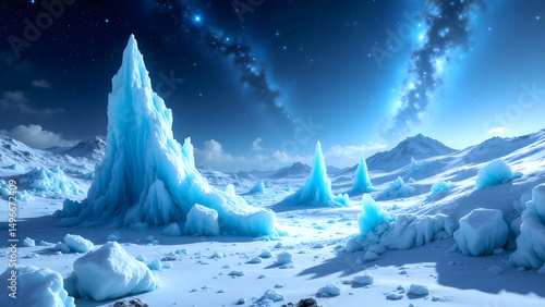 Ice Giant's Serenity: A breathtaking panorama of a glacial landscape unfolds beneath a starlit sky. Towering ice structures glisten, creating an enchanting, otherworldly atmosphere.