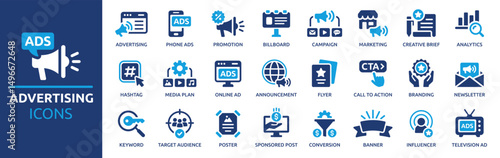 Advertising icon set. Containing marketing, promotion, announcement, branding, campaign, Ad, billboard, banner and more. Solid vector icons collection.