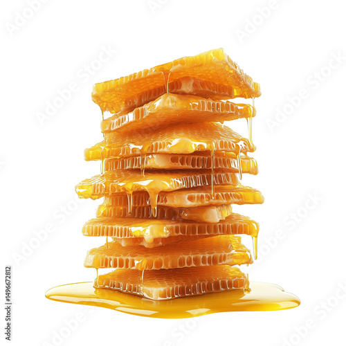 A stack of golden honeycomb pieces on transparent background