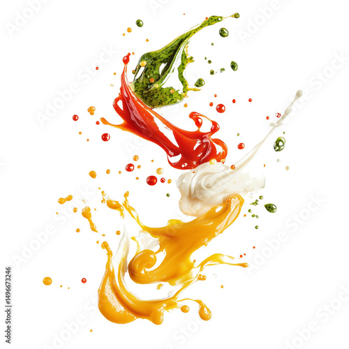 Abstract splash of bright sauces on transparent background