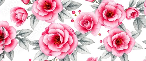 Watercolor pink flower bouquets with pearl gray leaves on white Seamless romantic cottage garden pattern, flowers, background