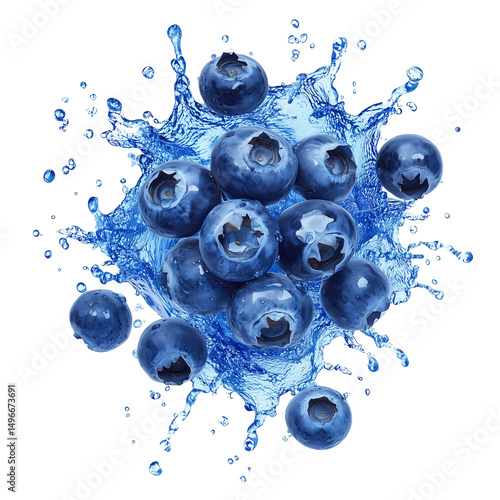 Blueberries with blue juice splash on transparent background