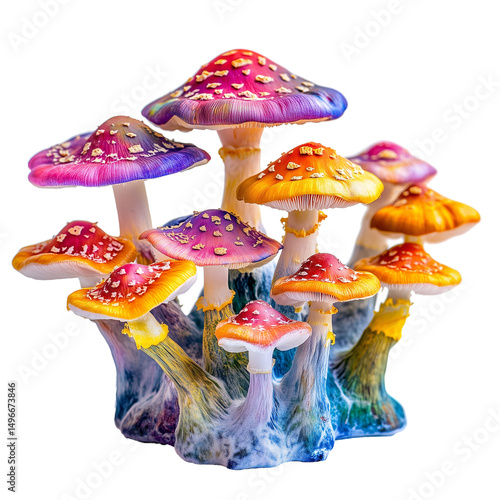 Close-up of multicolored hallucinogenic fungi on transparent background
