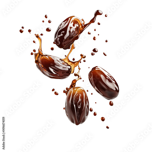 Dates in a rich brown syrup falling mid-air with splash on transparent background