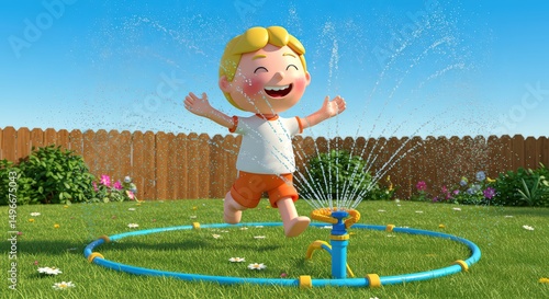 Joyful Boy Playing in a Sprinkler on a Sunny Day