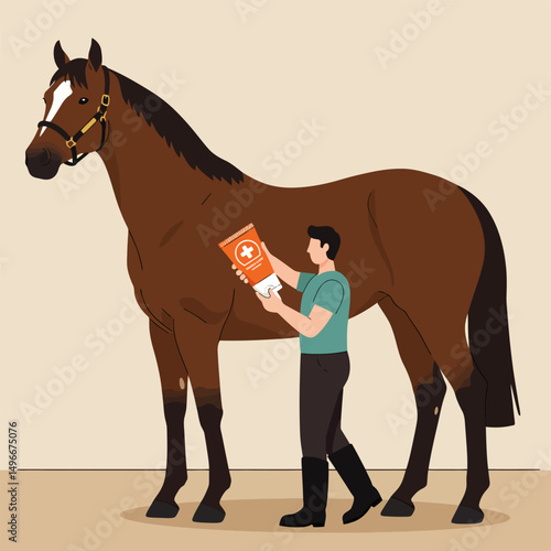 Applying Ointment on a Horse Cartoon Illustration with Flat Design