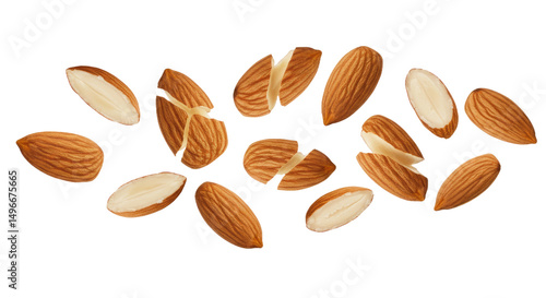 Almond slices captured in mid-air, with a clean white transparent background. Ideal for promoting healthy snacks and Asian culinary traditions.