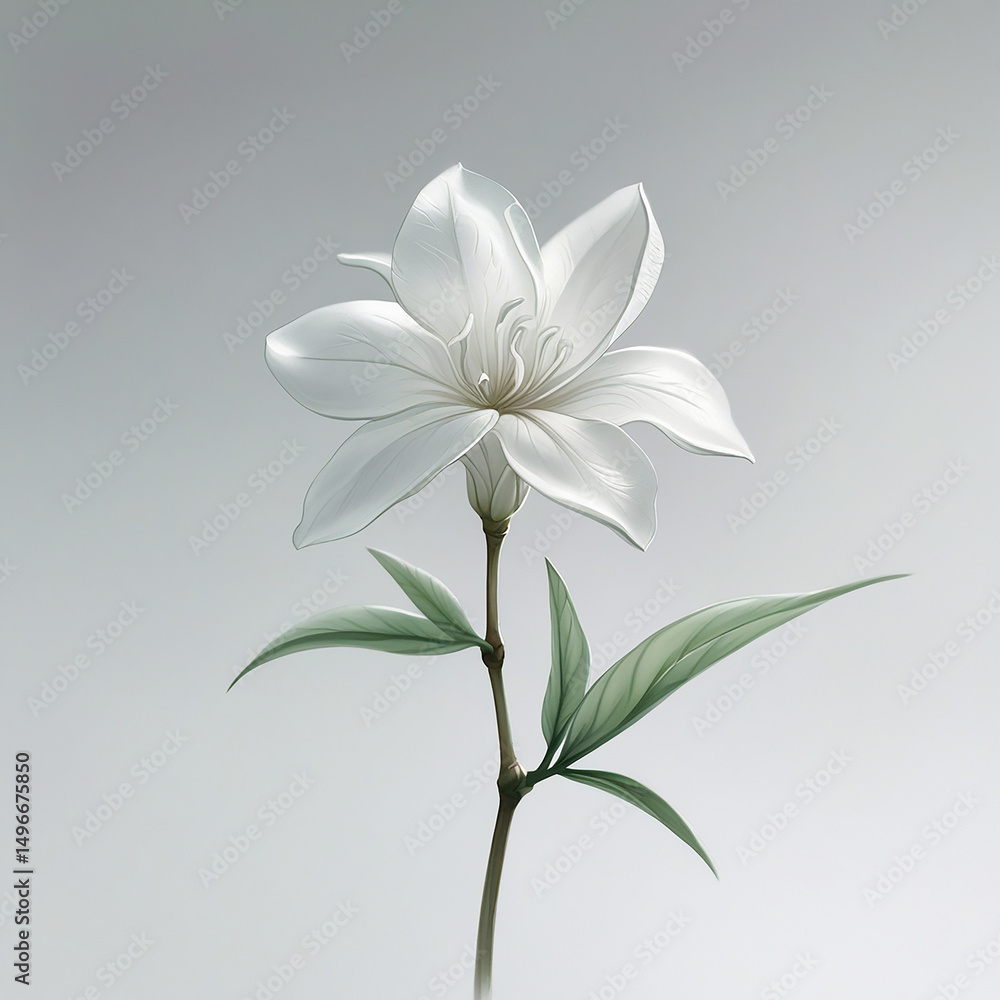 Elegant depiction of a single white flower blooming gracefully on a stem with foliage. Elegant depiction of a single white flower blooming gracefully on a stem with foliage.