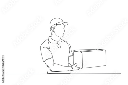 Delivery man holding cardboard box in continuous one line drawing. Single line art illustration of courier man carries parcel. Editable vector.