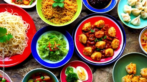 Wallpaper Mural Asian oriental food composition in colorful dishware, served on stone, top view. Chinese, vietnamese, thai cuisine set. With copy space Torontodigital.ca