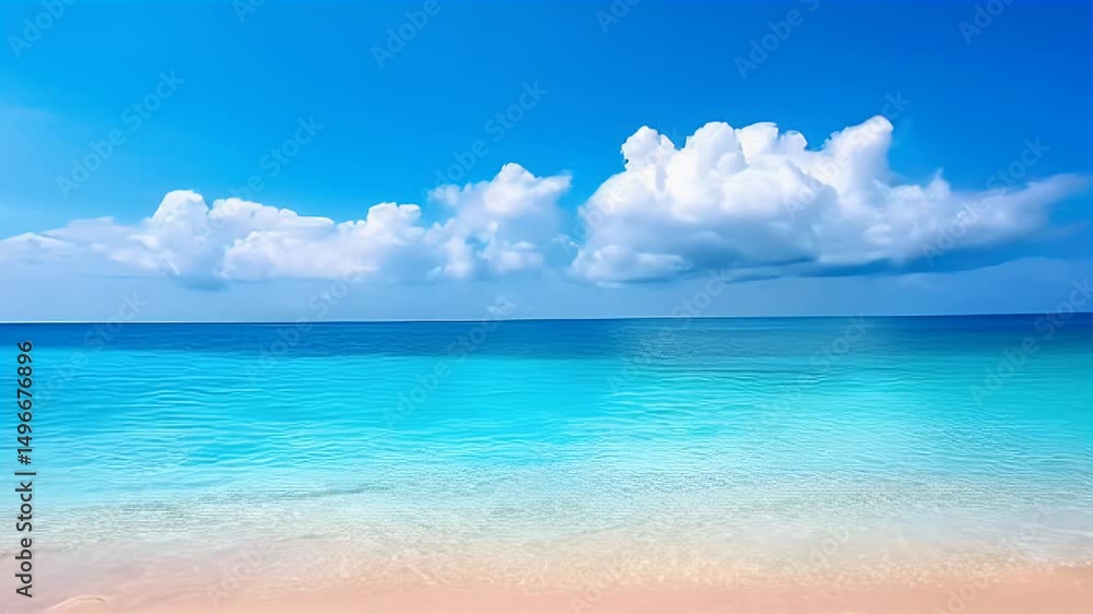 Serene Tropical Beach Scene: Turquoise Waters, White Clouds, and Pink Sands Serene Tropical Beach Scene: Turquoise Waters, White Clouds, and Pink Sands