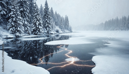 A frozen lake with glowing circuit lines beneath the surface, surrounded by surreal snowy pine trees made of chrome