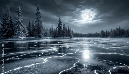 A frozen lake with glowing circuit lines beneath the surface, surrounded by surreal snowy pine trees made of chrome