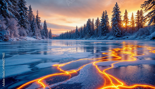 A frozen lake with glowing circuit lines beneath the surface, surrounded by surreal snowy pine trees made of chrome