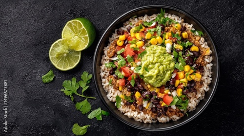 Colorful healthy grain bowl with rice black beans corn avocado tomato cilantro lime garnished with lime slices on dark background