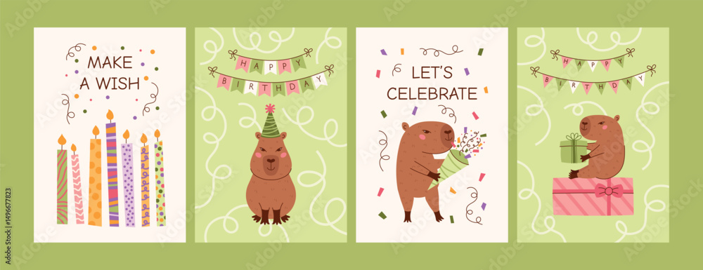 Obraz premium Birthday capybara greeting card collection for kids. Cute capybara characters, candles, party hat, clapper, firework, confetti, gift boxes. Celebration pastel delicate flat vector poster set.