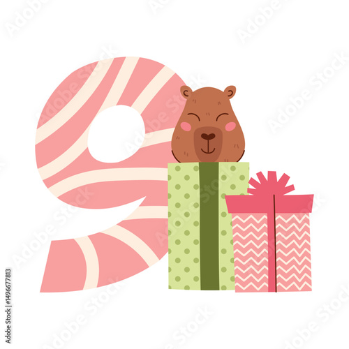 Number 9 and cute capybara character with gift boxes. Birthday nine years old child. Vector flat hand drawn illustration isolated on transparent background.