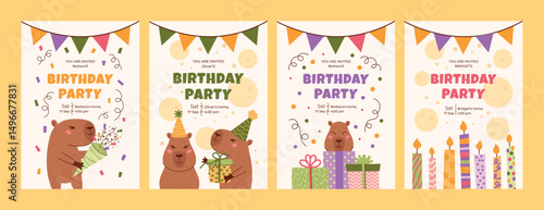 Birthday party invitation set with capybaras, candles, gift boxes, confetti. Universal invite design for kids with animal characters. Vector pastel cute flat vector collection.