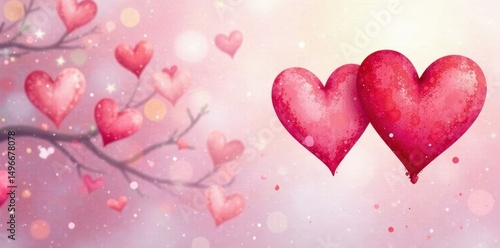 Delicate watercolor hearts, pink and red hues , design, romantic
