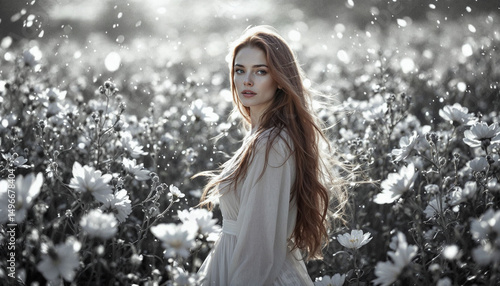 A person walking through a forest where each tree shows a different season, glowing leaves for spring, icy glass for winter, surreal transition landscape