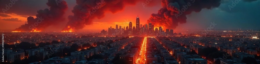 Fototapeta premium A dramatic, wide shot of a city skyline engulfed in flames during a nighttime revolution, highlighting the chaos and destruction , struggle, vintage, chaos