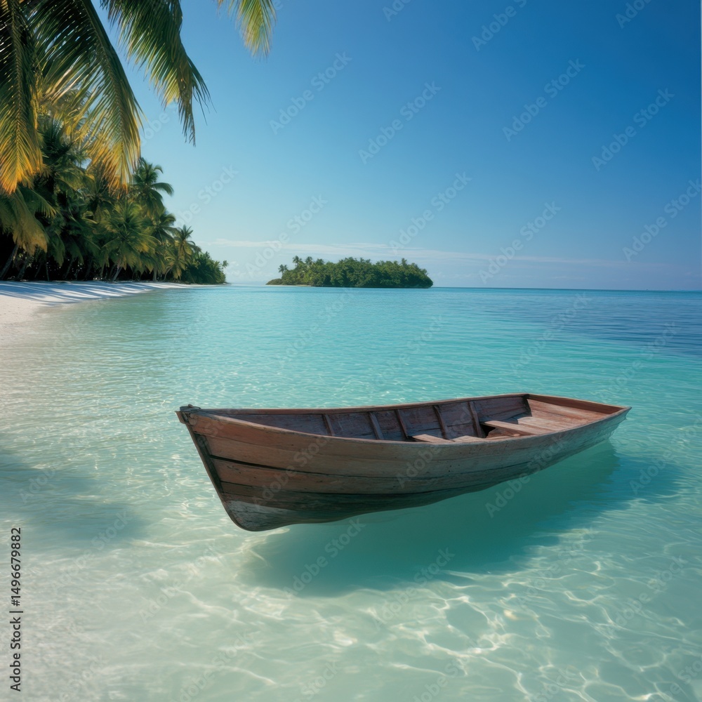 Naklejka premium Boat floats on tropical beach
