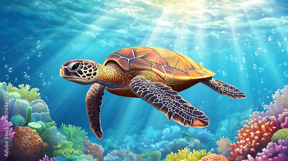 Obraz premium Vibrant sea turtle swimming amidst a coral reef.