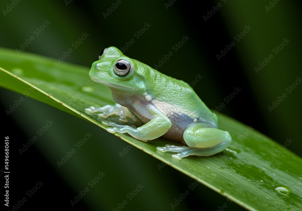 Obraz premium Small green frog on wet leaf