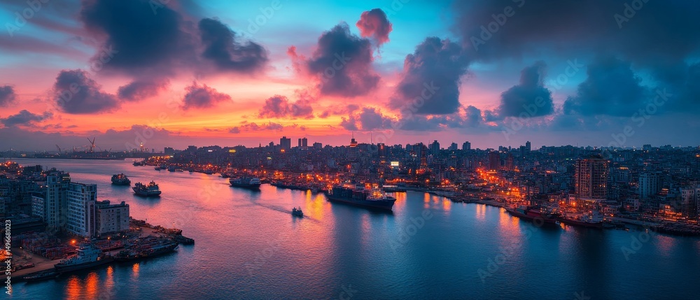 Fototapeta premium bustling port city at sunrise with ships docked, goods being traded, and the promise of a new day, Generative AI