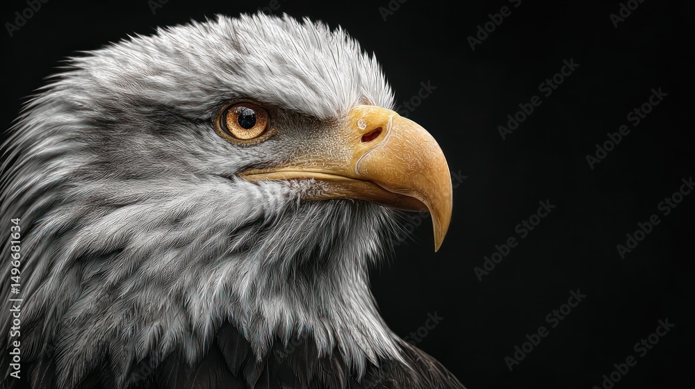 Fototapeta premium Dramatic Close-up Portrait of a Bald Eagle on Dark Background, Sharp Focus