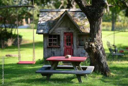 idyllic garden home with swing and picnic table on green grass