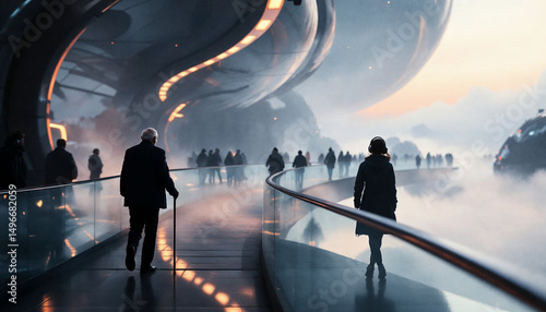 A futuristic city skyline floating above clouds, glowing softly under a crescent moon, people walking on invisible bridges in the sky, dreamlike ambiance